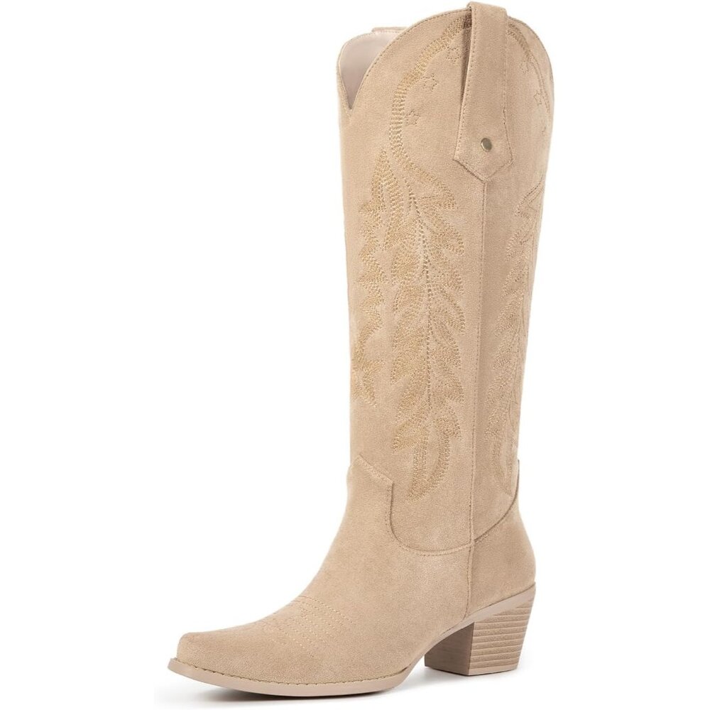 Women Apricot Knee High Cowgirl Boots Retro Embroidered Chunky Heels Pointed - Picture 1 of 6